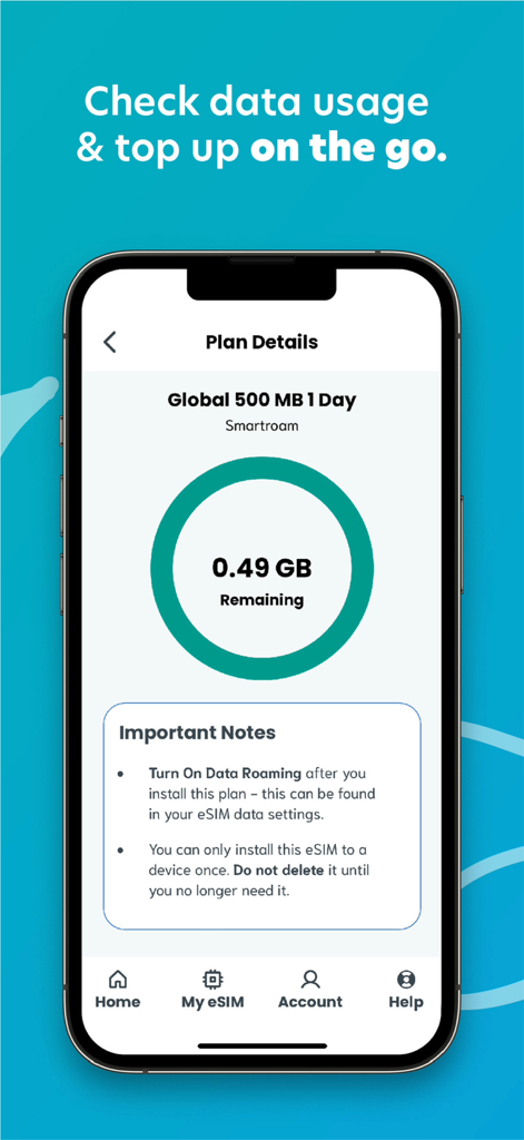 Tela do smartphone mostrando o rastreamento de uso de dados eSIM em tempo real e detalhes do plano no aplicativo Sim Local.