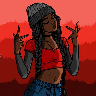 realistic teenage girl with braids and a beanie and crop top doing 🫶🏼