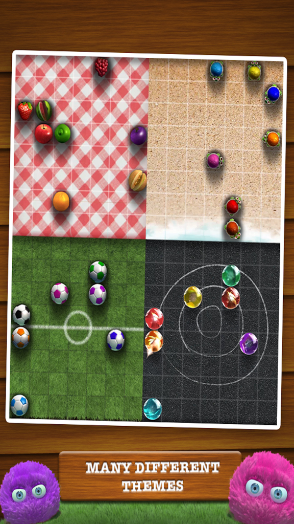 Fling! - Quatro diferentes tabuleiros de puzzle temáticos em Fling, incluindo bolinhas de frutas e bolas de futebol.