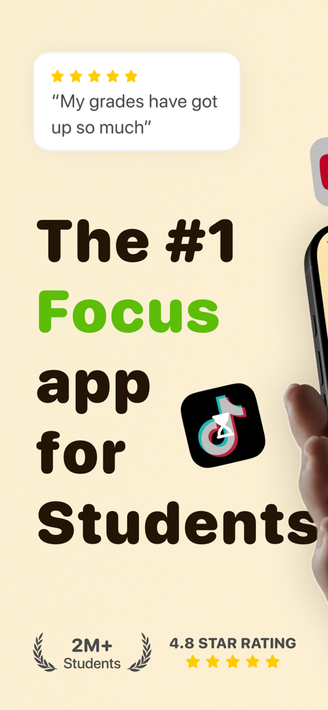 Focus Tree: Timer & Flashcards - Focus Tree app promotional graphic showing it is the top focus app for students with a high rating and user review