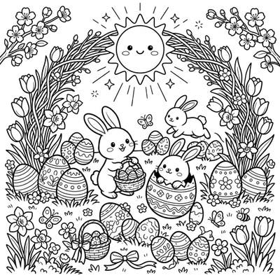 Bask in the warmth of a cheerful morning sun as adorable bunnies celebrate Easter among a field of beautifully decorated eggs and vibrant spring blossoms. This delightful coloring page invites you to bring the joy of springtime and Easter to life with your favorite colors.