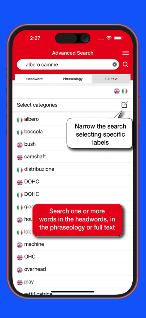 Marolli Technical Dictionary - Advanced search interface of the Marolli Technical Dictionary app showing English and Italian terminology and search filter options.