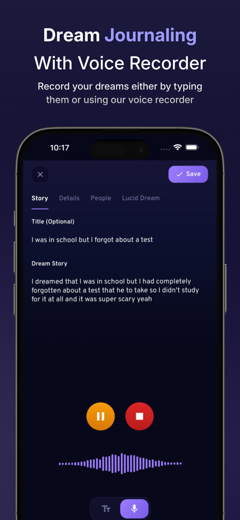 Lucidia - My Dream Journal - Lucidia app interface for dream journaling with voice recorder and text input features