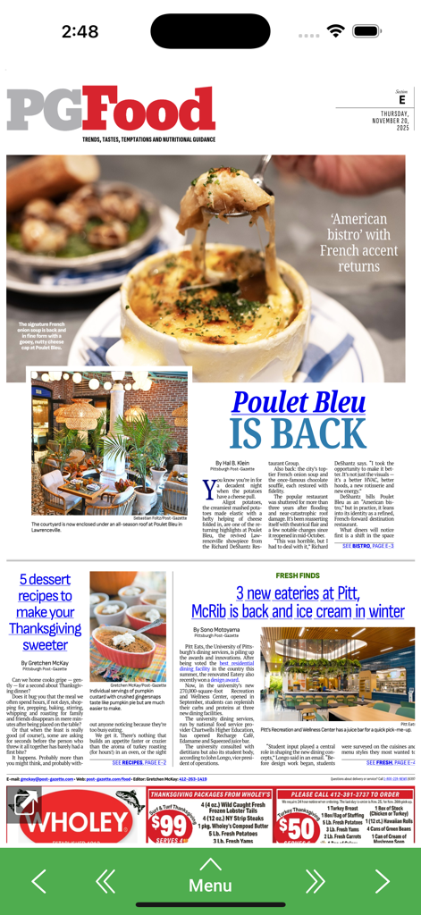 PGe - The PG Food section of the Pittsburgh Post-Gazette digital edition app featuring local restaurant news and recipes.