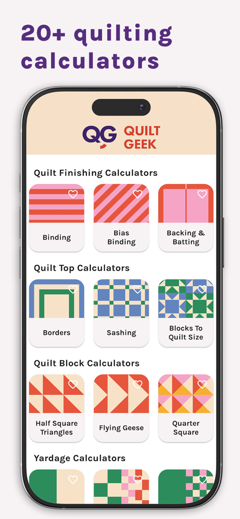 Quilt Geek Quilting Calculator - Interface of the Quilt Geek app displaying a variety of quilting calculators for projects