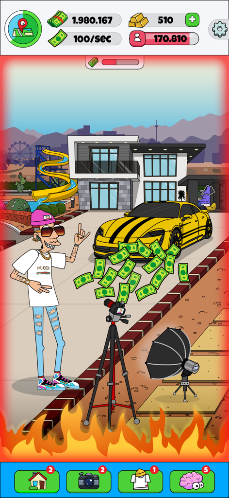 Lamar - Idle Vlogger - Lamar Idle Vlogger character posing in front of a luxury mansion and sports car