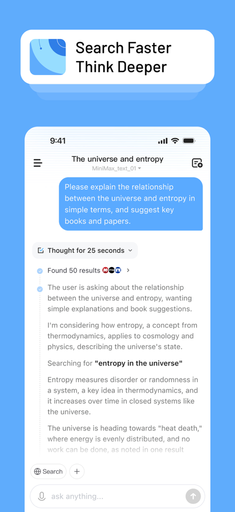 Screenshot of MiniMax AI Agent showing a deep research search results for a query about the universe and entropy.