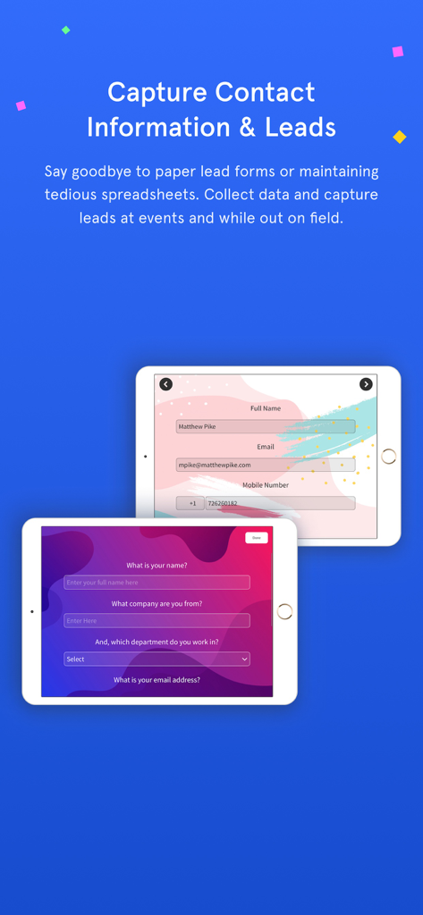 Zonka Feedback-Surveys, Kiosk - Two tablets displaying lead capture and contact information forms from Zonka Feedback
