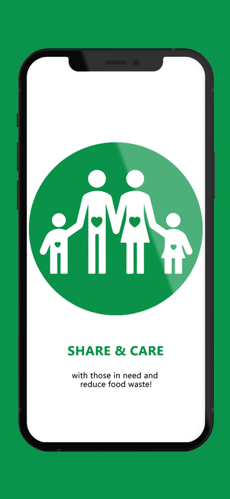 Tela inicial do aplicativo Feed It Forward com um ícone de família e o slogan Compartilhe e Cuide