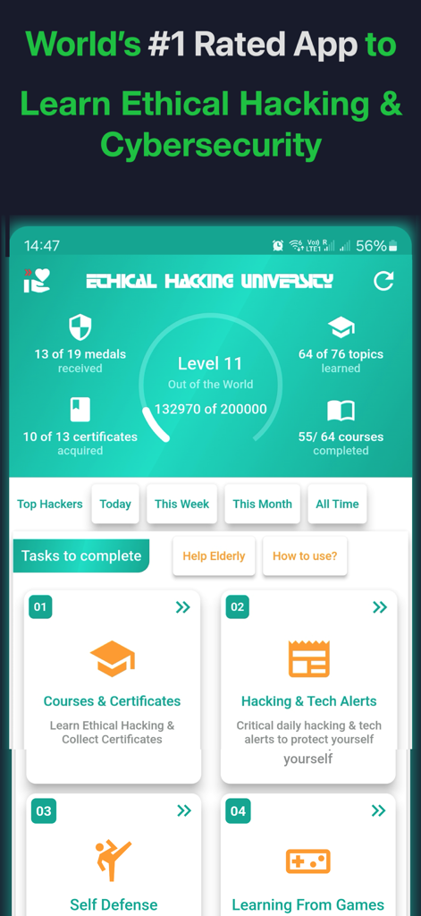 Ethical Hacking University App - Dashboard of Ethical Hacking University app showing user levels, certificates, and learning modules