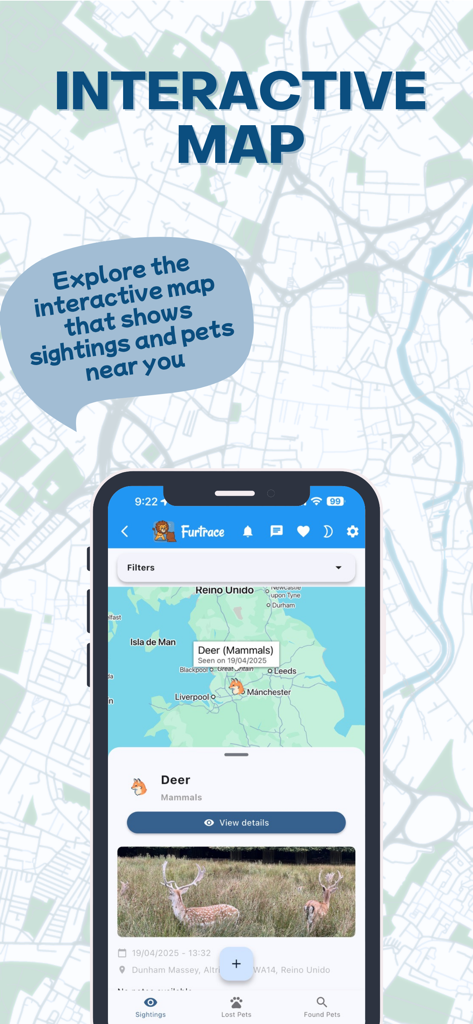 Furtrace - Furtrace app screenshot showing an interactive map with wildlife sightings and pet location alerts