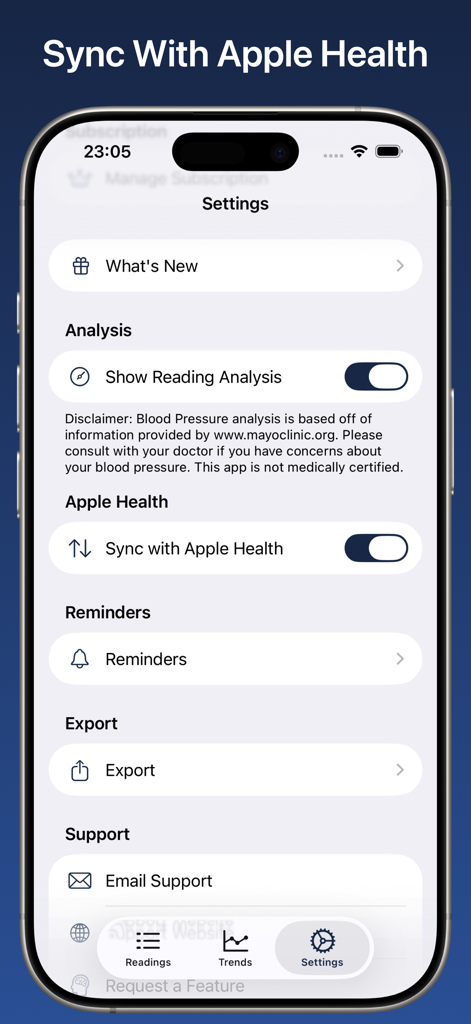 Blood Pressure Monitor Connect - Pantalla de configuración de la aplicación Monitor de Presión Arterial Connect que resalta la sincronización con Apple Health