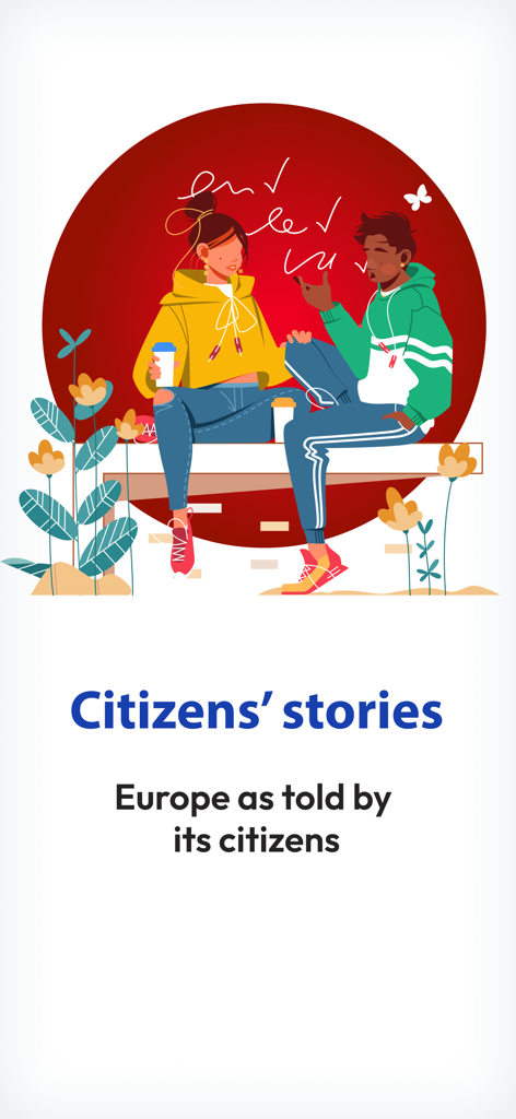 Citizens' App - Un'illustrazione di due persone che parlano con il testo Storie dei cittadini e Europa.