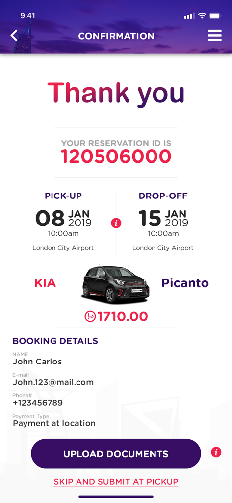 예약 ID 및 차량 세부 정보를 보여주는 자동차 렌탈 예약 확인 화면