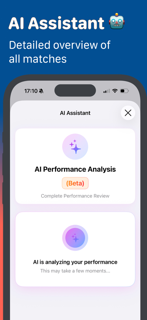Padel Fit Score Tracker - Padel Fit app AI Assistant screen showing performance analysis and match summaries on an iPhone