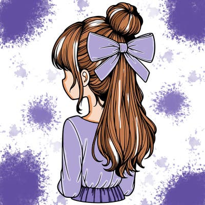 realistic girl  with hip length hair a bun and a big bow on the back of head
