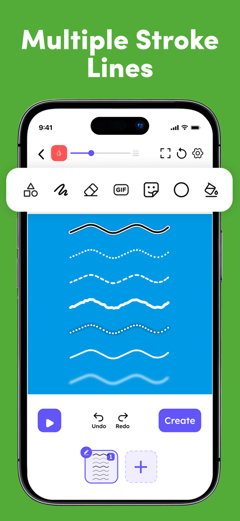 Interface of the Draw Animation app showcasing different brush stroke styles and drawing tools on a mobile screen