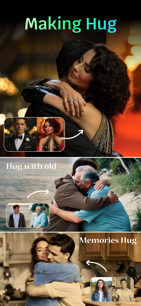Ai Kiss Video Maker : Picfy - Trois exemples de vidéos de câlins générées par IA montrant un couple romantique, un membre de la famille âgé et un souvenir sentimental.