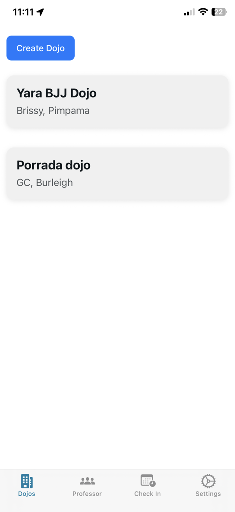 Interface of the Dojo app showing a list of martial arts academies and a button to create a new dojo.
