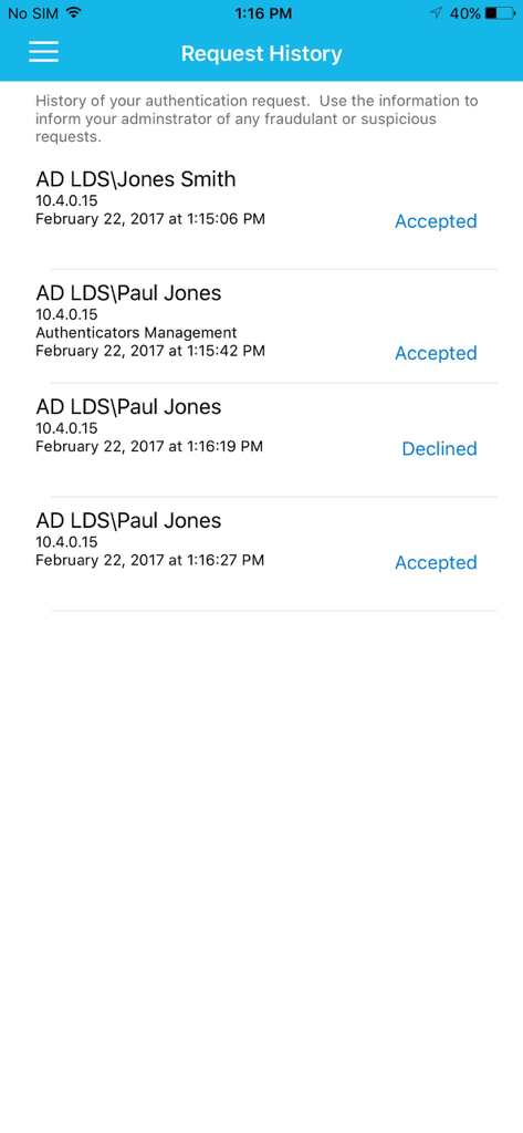 OT Advanced Authentication - Request history log in OT Advanced Authentication app displaying accepted and declined logins