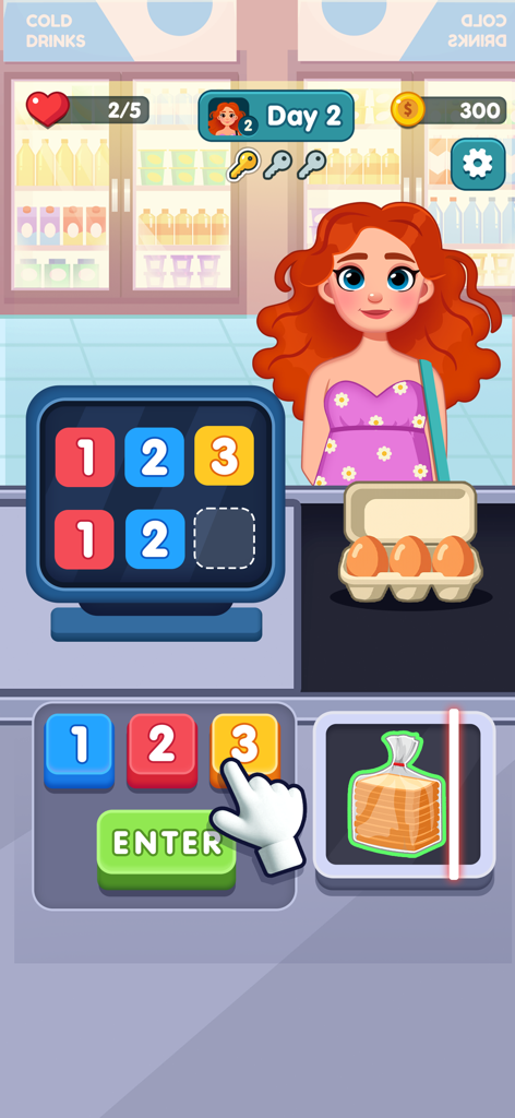 A girl at a bakery checkout counter scanning bread and eggs using a numeric keypad