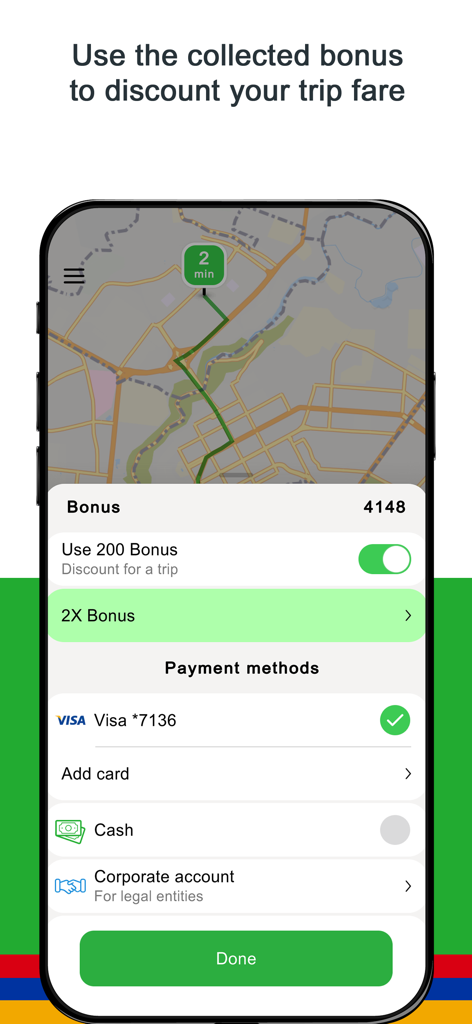 UVO - Taxi and Delivery - Pantalla de la aplicación de taxi UVO que muestra las opciones de método de pago y la selección de descuento de bonificación con un mapa de fondo