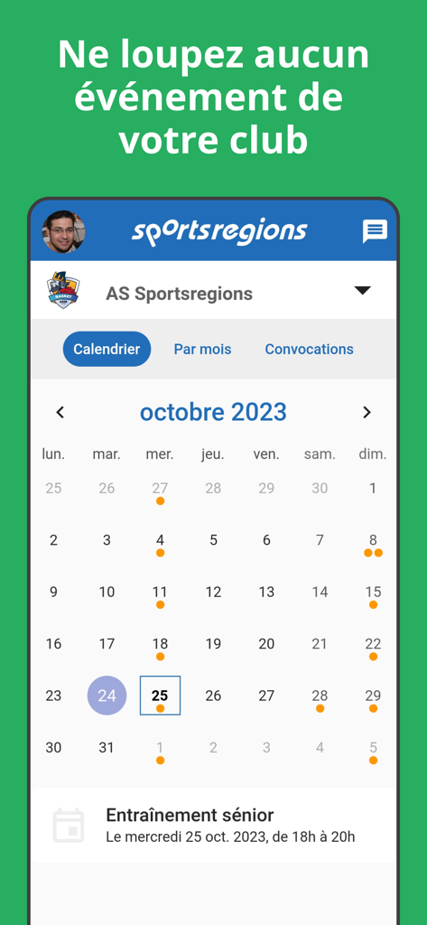 Sportsregions - Mobile app interface of Sportsregions showing a monthly calendar view for a sports club with scheduled training events