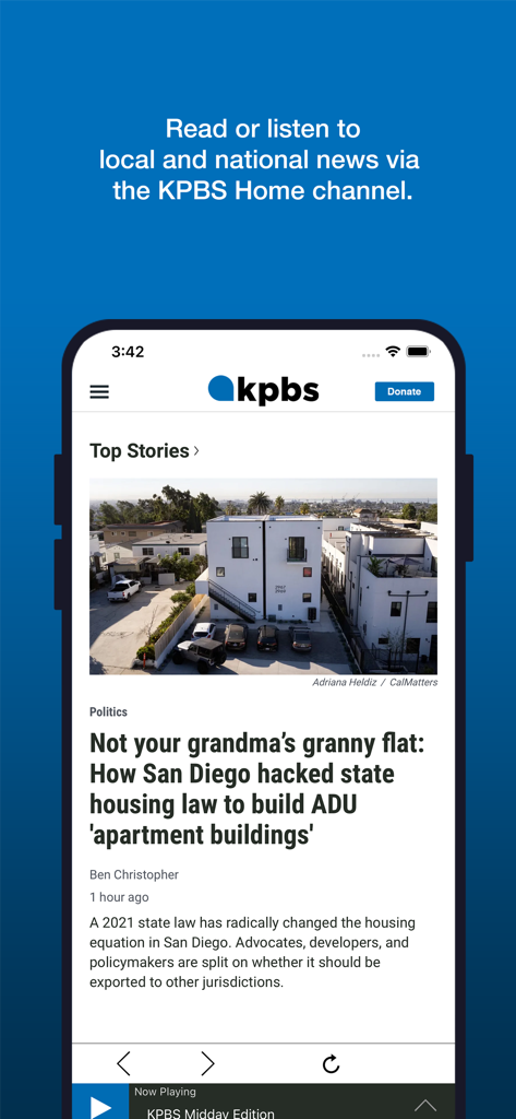 KPBS mobile app showing a local San Diego news article about housing regulations