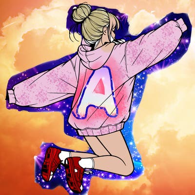 realistic girl jumping with a bun and oversized sweatshirt