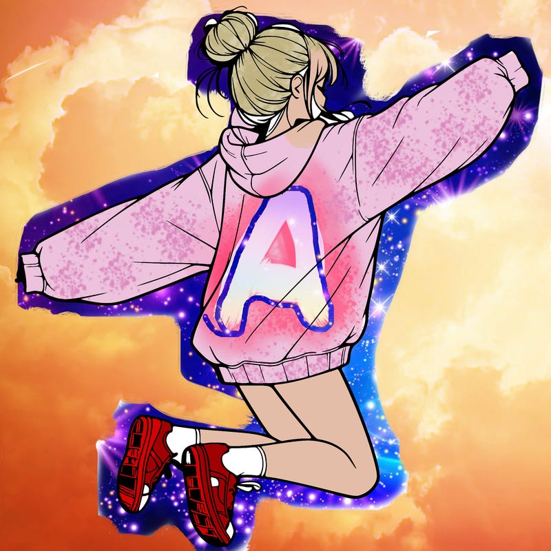 realistic girl jumping with a bun and oversized sweatshirt