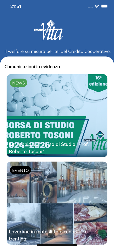 Home screen of the Garda Vita app featuring news about scholarships and community events.