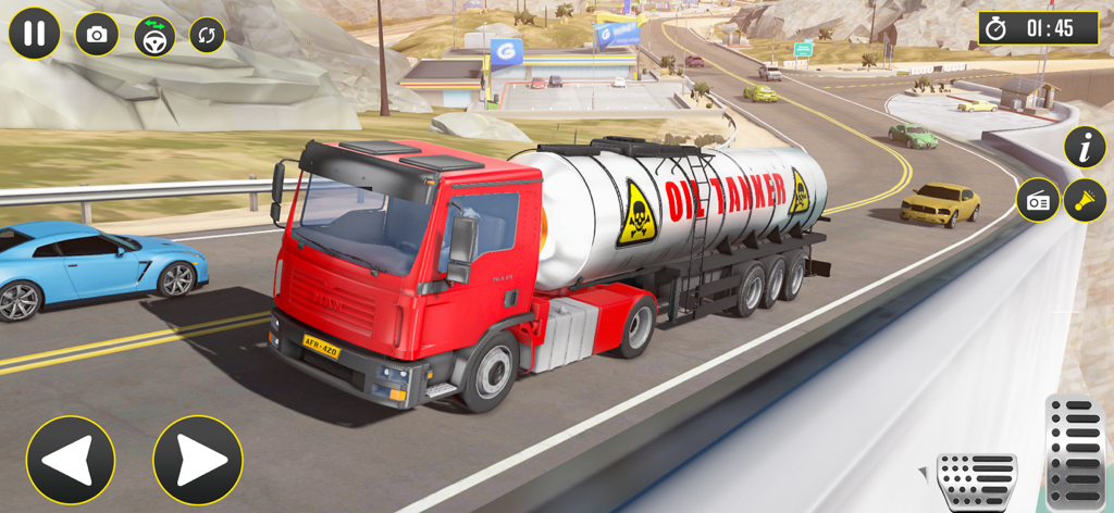 A red semi truck pulling a white oil tanker on a winding mountain highway in a 3D driving simulator game