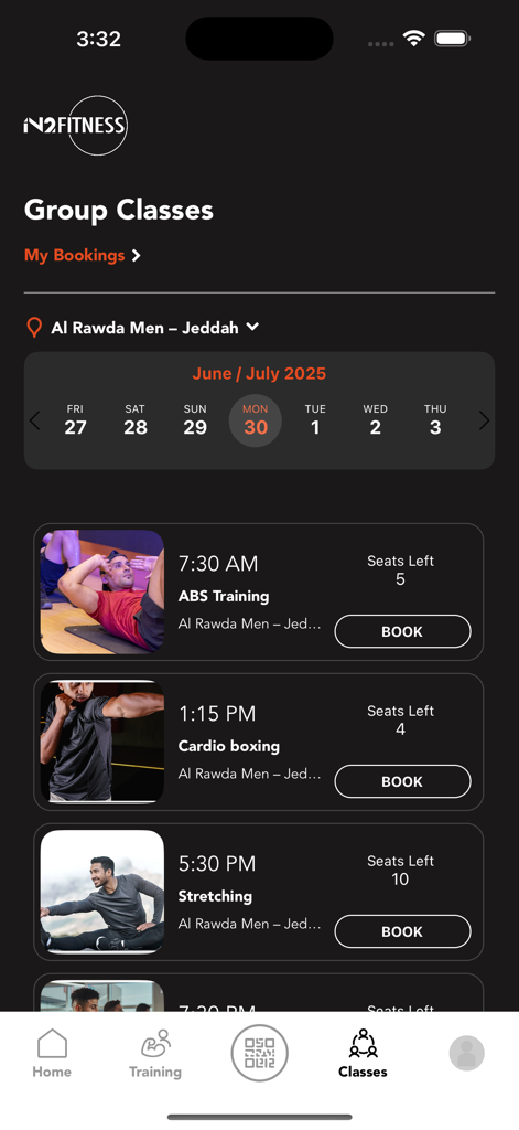 IN2 Fitness - IN2 Fitness app interface showing group class schedule for ABS Training Cardio boxing and Stretching with booking buttons