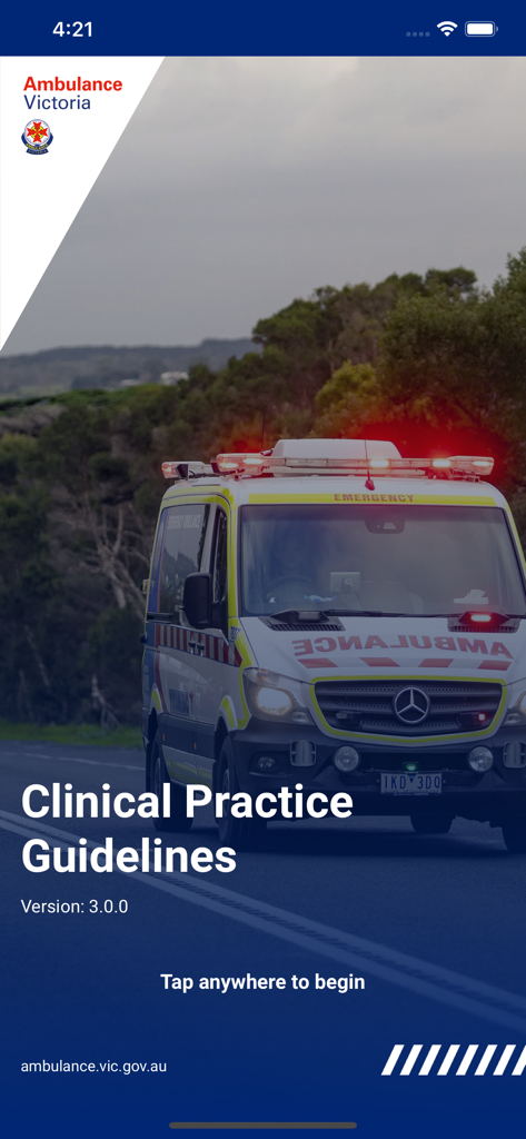 AV CPG - Start screen of the Ambulance Victoria Clinical Practice Guidelines mobile app featuring an emergency ambulance on a road
