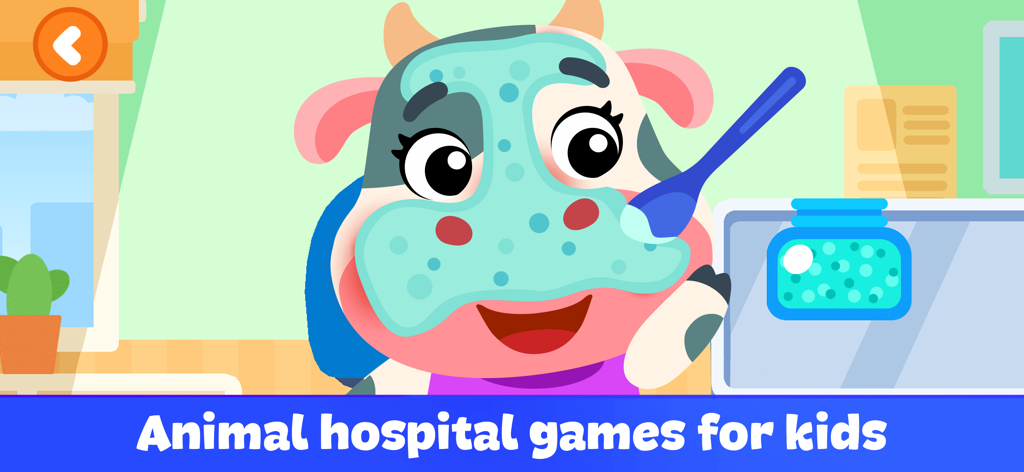 Pet Doctor - Games for Kids - 動物病院ゲームで、顔の治療を受けている漫画の牛