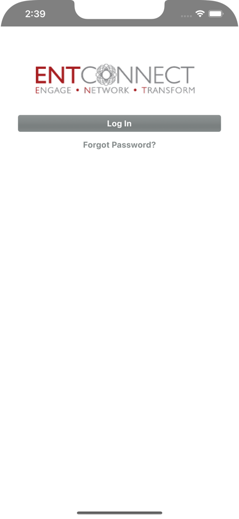 ENTConnect Mobile App - Login screen of the ENTConnect mobile app for Otolaryngologists.
