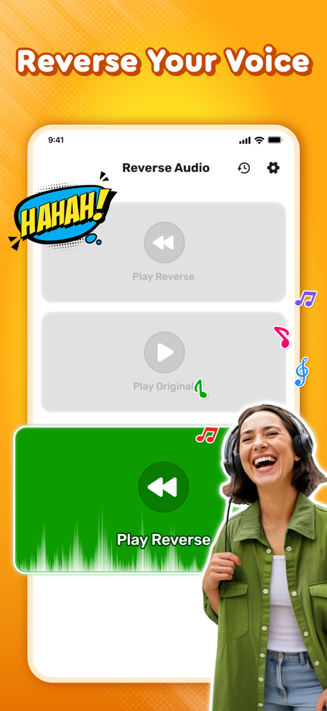 Interface of the Reverse Singing Challenge app showing a woman laughing while listening to her voice played backward