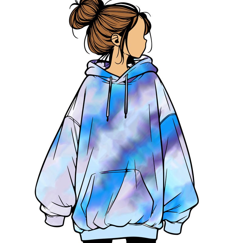 realistic girl with a oversized sweatshirt on and a bun