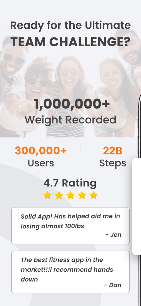 BetterTogether: Weight Loss - BetterTogether app screen showing user statistics high ratings and positive testimonials for team fitness challenges