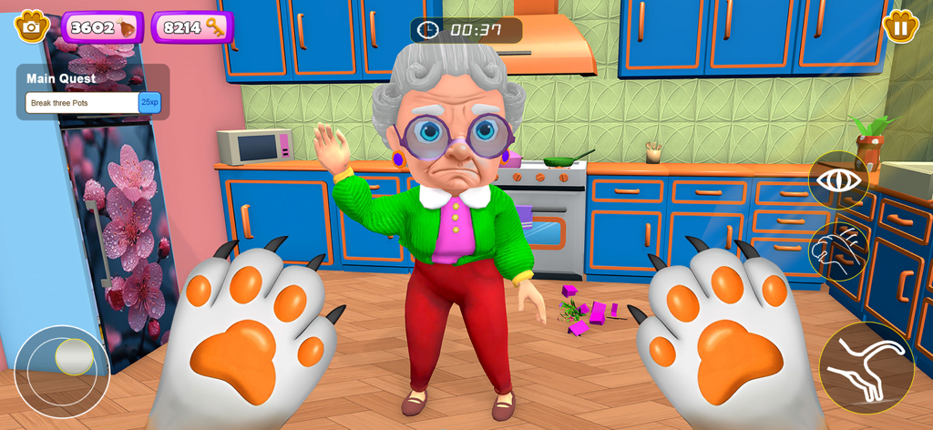 Prankster Granny Cat Life - First person view of a cat in a kitchen facing an angry grandmother