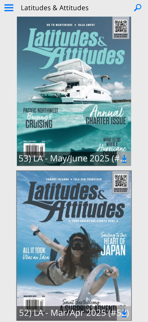Latitudes & Attitudes Magazine - A screen from the Latitudes and Attitudes Magazine app displaying the covers for the May June 2025 and March April 2025 digital issues.