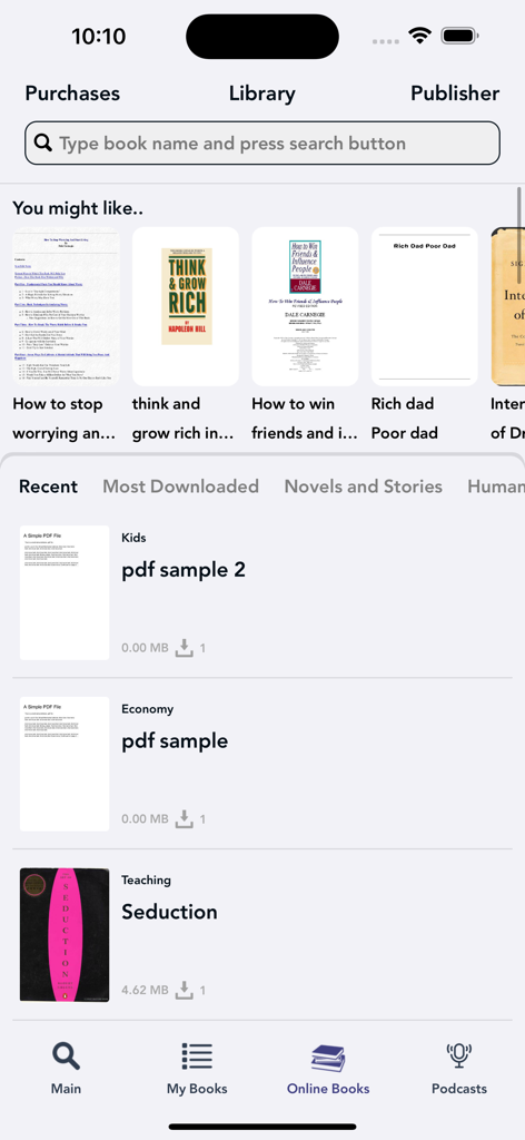 Books Guru mobile app library interface featuring popular books and a search bar