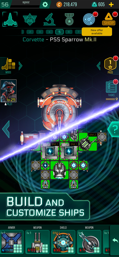 Spaceship customization screen in Space Arena showing a modular ship design grid
