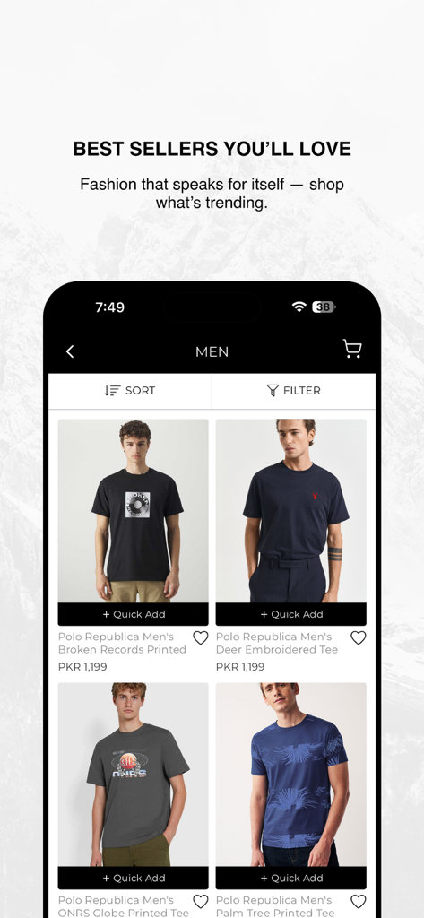 elo Shopping App - Mobiler Bildschirm der elo Shopping App mit angesagten Herren-T-Shirts in der Bestseller-Kategorie.
