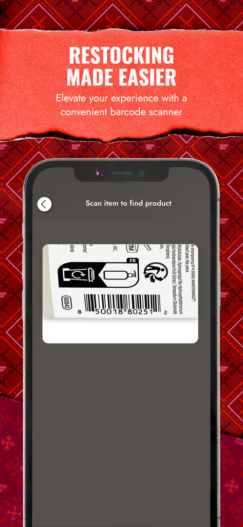 CosmoProf Beauty app barcode scanner interface for professional salon product restocking