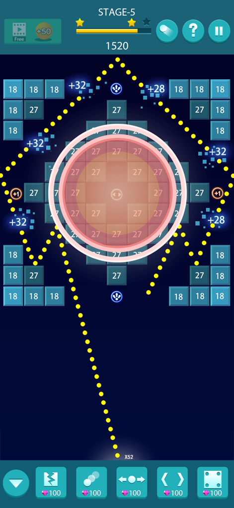 Bricks and Balls : Brick Game - Gameplay screen of Bricks and Balls showing yellow ball trajectories and numbered blue bricks