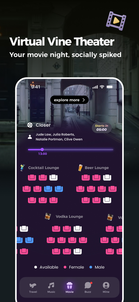 VibeHouse app screenshot showing the virtual movie theater interface with a social seating chart and movie details for shared viewing.