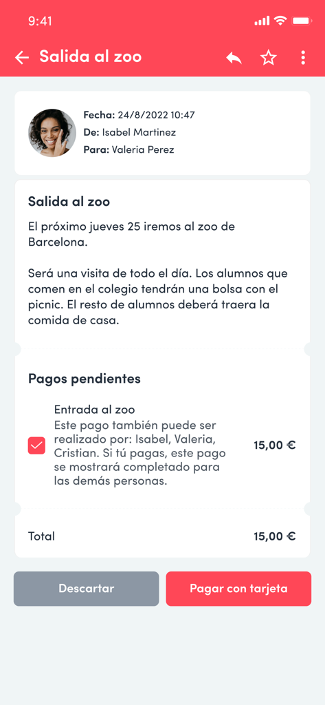 Dinantia - Interfaz de la aplicación Dinantia con detalles de excursiones escolares y opciones de pago digital