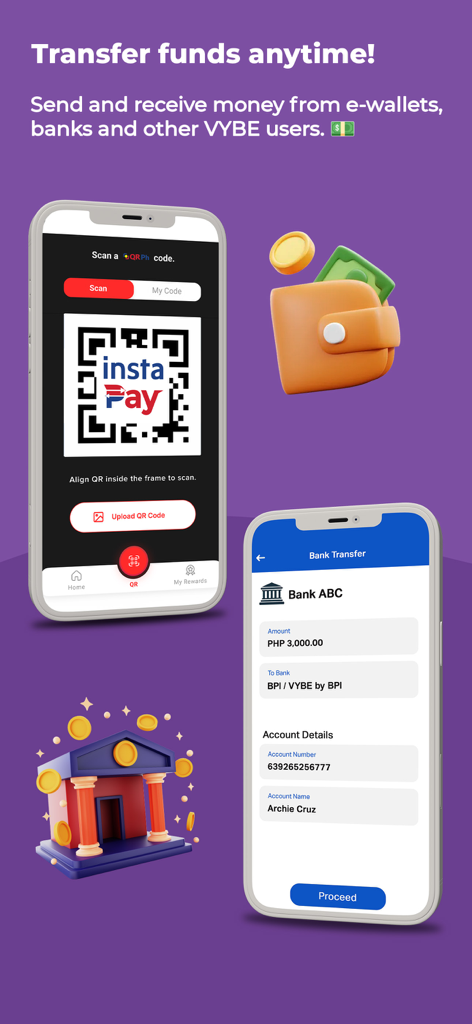 VYBE by BPI app interface showing QR code scanning for InstaPay and bank transfer transaction details.