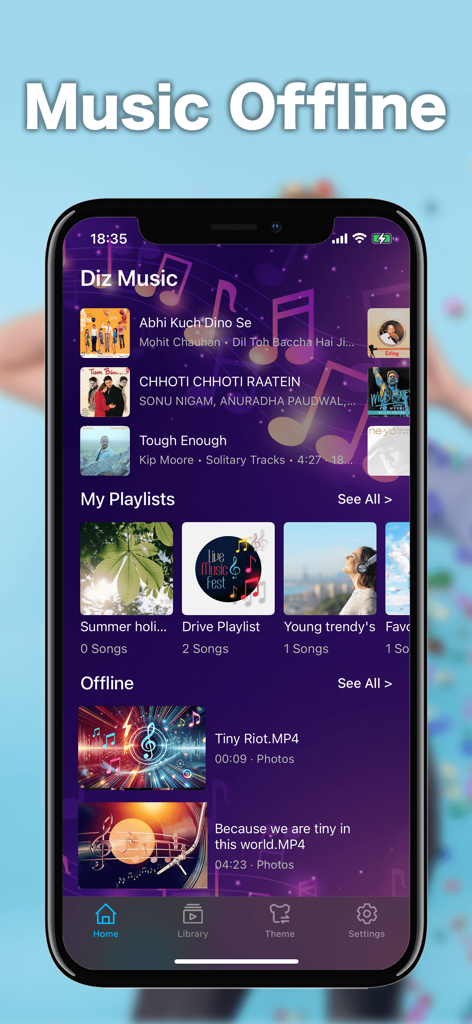 Dig Music - Offline Player MP3 - The home screen of Dig Music app showing offline music files, custom playlists, and navigation menu on a purple theme.